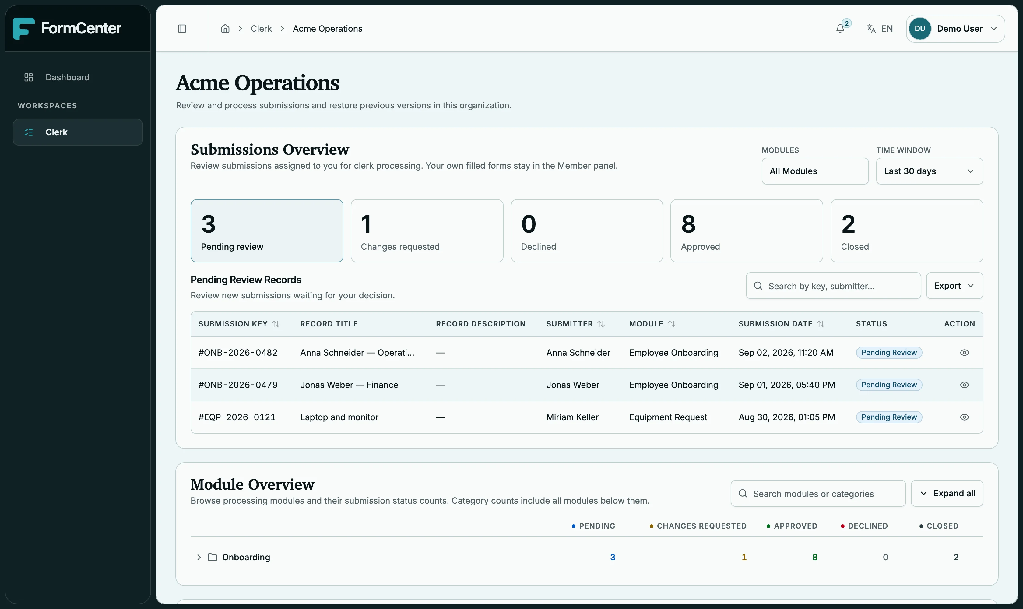 The clerk panel: a submissions overview with status counts and the queue of records pending review.